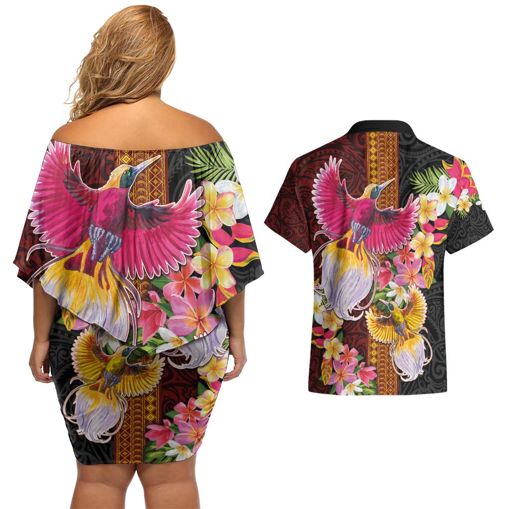Papua New Guinea Birds and Frangipani Couples Matching Off Shoulder Short Dress and Hawaiian Shirt Melanesian Art Tattoos LT03 - Polynesian Pride