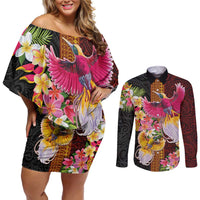 Papua New Guinea Birds and Frangipani Couples Matching Off Shoulder Short Dress and Long Sleeve Button Shirt Melanesian Art Tattoos LT03 Black - Polynesian Pride