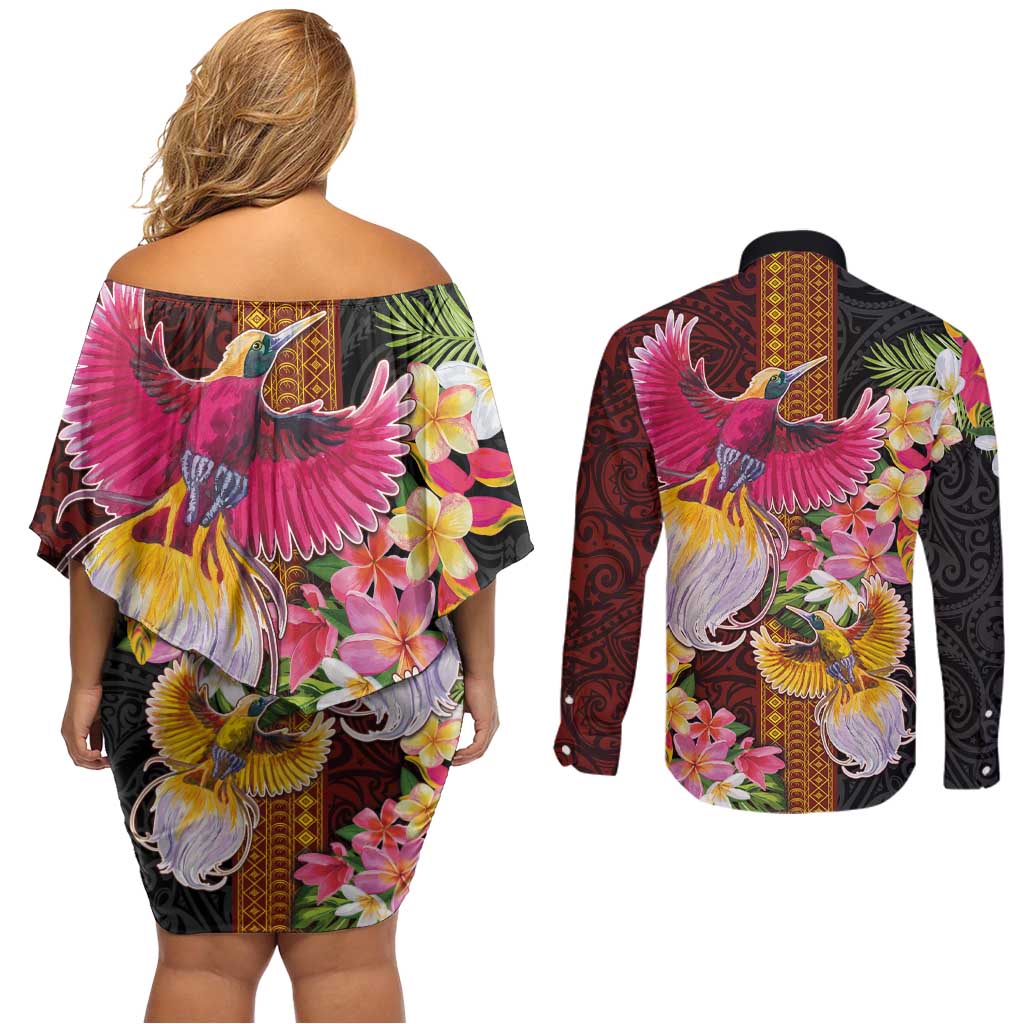 Papua New Guinea Birds and Frangipani Couples Matching Off Shoulder Short Dress and Long Sleeve Button Shirt Melanesian Art Tattoos LT03 - Polynesian Pride
