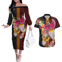 Papua New Guinea Birds and Frangipani Couples Matching Off The Shoulder Long Sleeve Dress and Hawaiian Shirt Melanesian Art Tattoos LT03 Black - Polynesian Pride