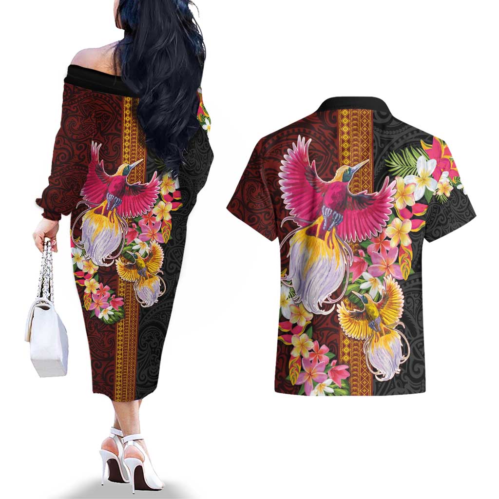 Papua New Guinea Birds and Frangipani Couples Matching Off The Shoulder Long Sleeve Dress and Hawaiian Shirt Melanesian Art Tattoos LT03 - Polynesian Pride