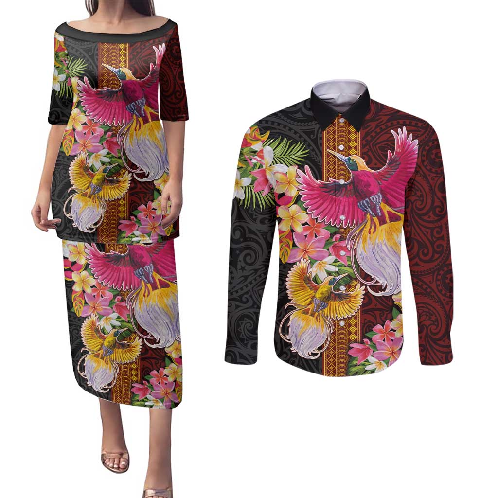 Papua New Guinea Birds and Frangipani Couples Matching Puletasi and Long Sleeve Button Shirt Melanesian Art Tattoos LT03 Black - Polynesian Pride