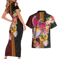Papua New Guinea Birds and Frangipani Couples Matching Short Sleeve Bodycon Dress and Hawaiian Shirt Melanesian Art Tattoos LT03 - Polynesian Pride