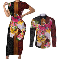 Papua New Guinea Birds and Frangipani Couples Matching Short Sleeve Bodycon Dress and Long Sleeve Button Shirt Melanesian Art Tattoos LT03 Black - Polynesian Pride
