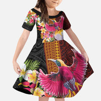 Papua New Guinea Birds and Frangipani Family Matching Long Sleeve Bodycon Dress and Hawaiian Shirt Melanesian Art Tattoos LT03 Daughter's Dress Black - Polynesian Pride