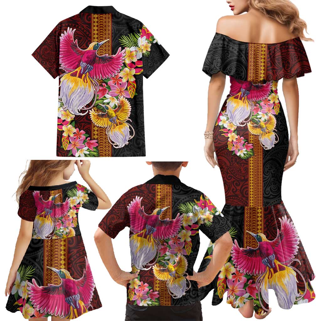 Papua New Guinea Birds and Frangipani Family Matching Mermaid Dress and Hawaiian Shirt Melanesian Art Tattoos LT03 - Polynesian Pride
