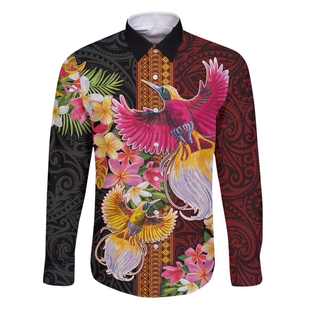 Papua New Guinea Birds and Frangipani Family Matching Off The Shoulder Long Sleeve Dress and Hawaiian Shirt Melanesian Art Tattoos LT03 Dad's Shirt - Long Sleeve Black - Polynesian Pride