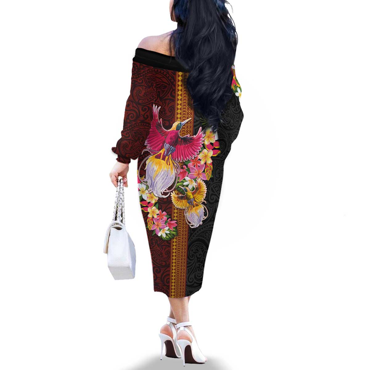Papua New Guinea Birds and Frangipani Family Matching Off The Shoulder Long Sleeve Dress and Hawaiian Shirt Melanesian Art Tattoos LT03 - Polynesian Pride
