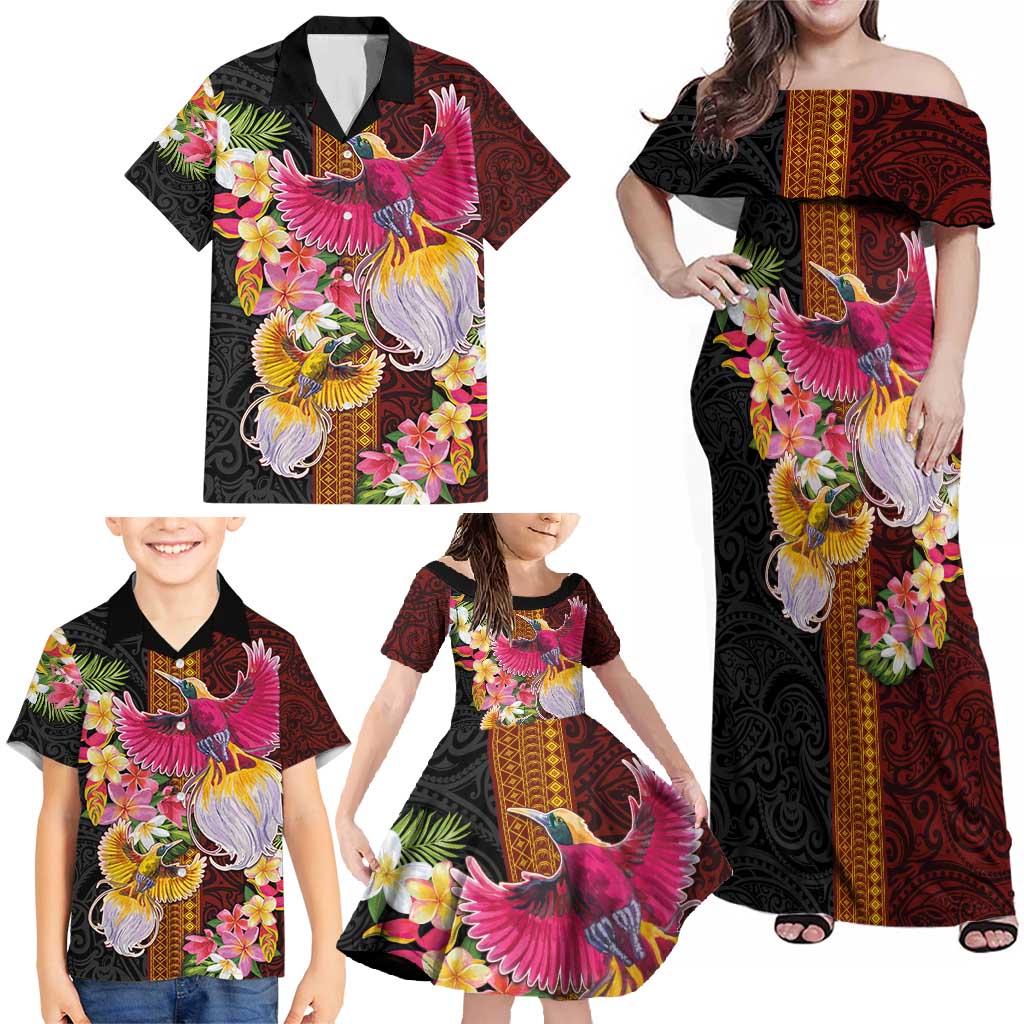 Papua New Guinea Birds and Frangipani Family Matching Off Shoulder Maxi Dress and Hawaiian Shirt Melanesian Art Tattoos LT03 - Polynesian Pride