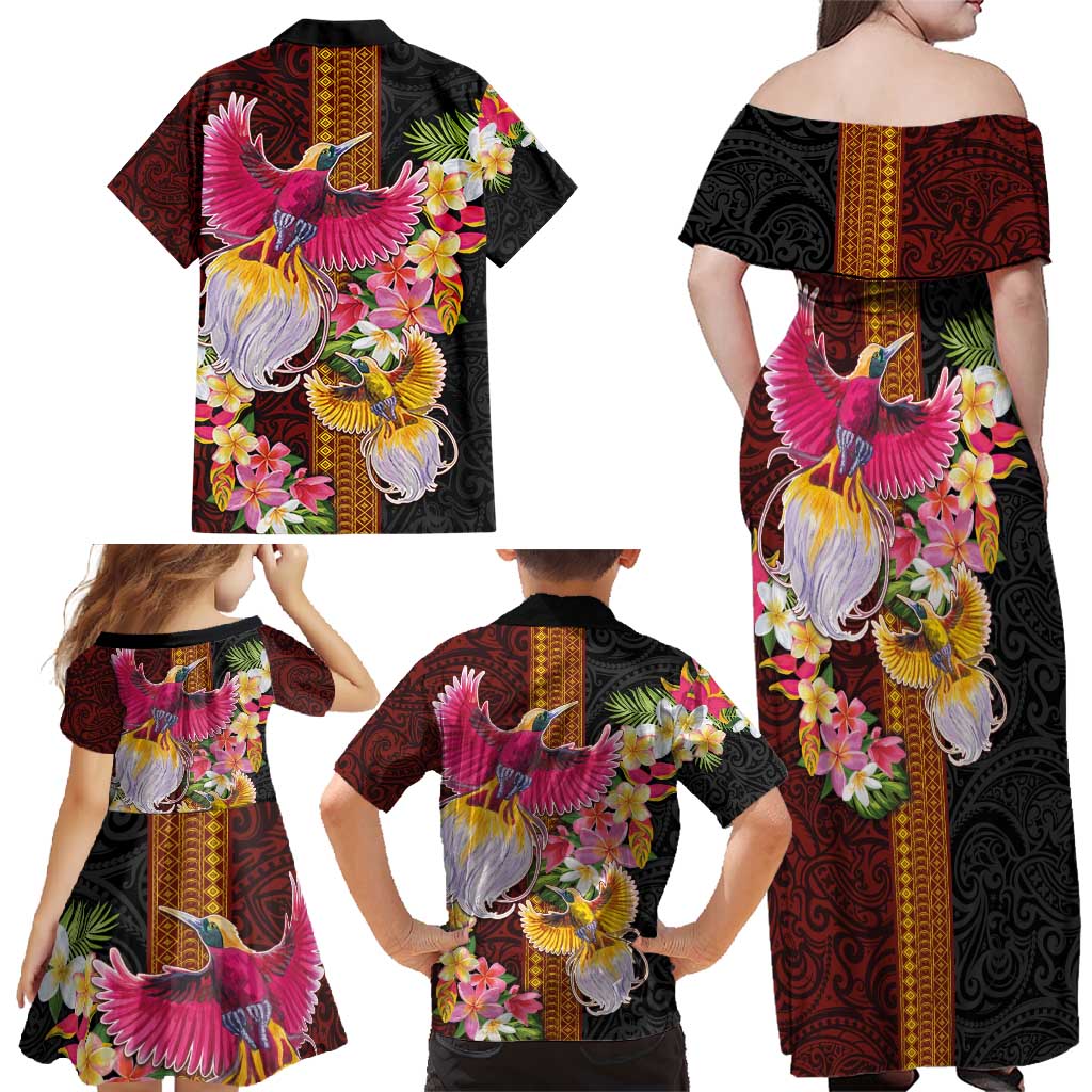 Papua New Guinea Birds and Frangipani Family Matching Off Shoulder Maxi Dress and Hawaiian Shirt Melanesian Art Tattoos LT03 - Polynesian Pride