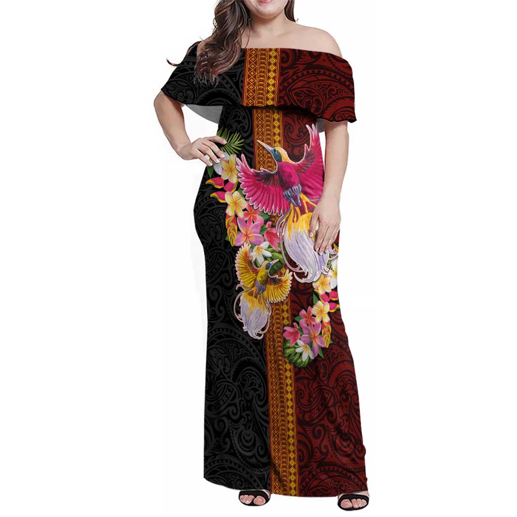 Papua New Guinea Birds and Frangipani Family Matching Off Shoulder Maxi Dress and Hawaiian Shirt Melanesian Art Tattoos LT03 Mom's Dress Black - Polynesian Pride