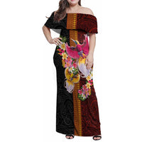 Papua New Guinea Birds and Frangipani Family Matching Off Shoulder Maxi Dress and Hawaiian Shirt Melanesian Art Tattoos LT03 Mom's Dress Black - Polynesian Pride