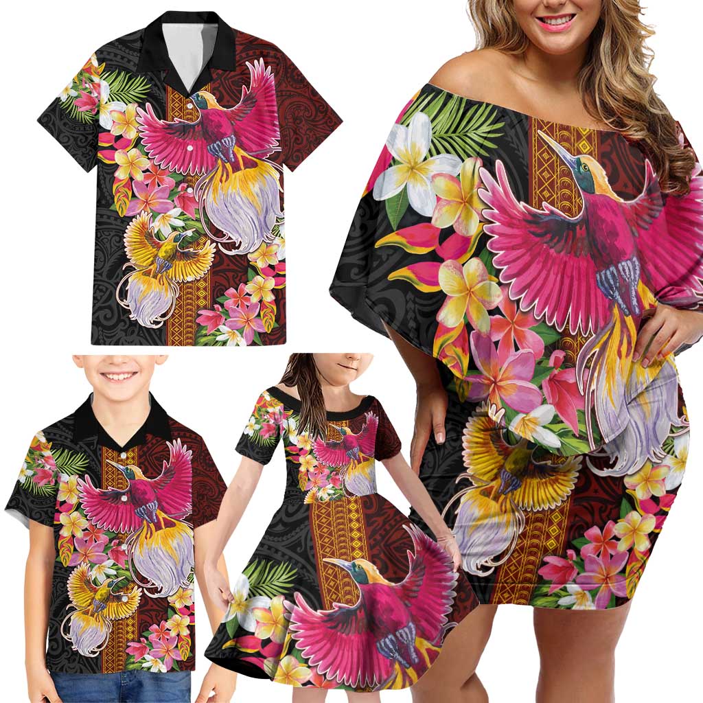 Papua New Guinea Birds and Frangipani Family Matching Off Shoulder Short Dress and Hawaiian Shirt Melanesian Art Tattoos LT03 - Polynesian Pride