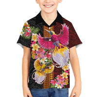 Papua New Guinea Birds and Frangipani Family Matching Puletasi and Hawaiian Shirt Melanesian Art Tattoos LT03 Son's Shirt Black - Polynesian Pride