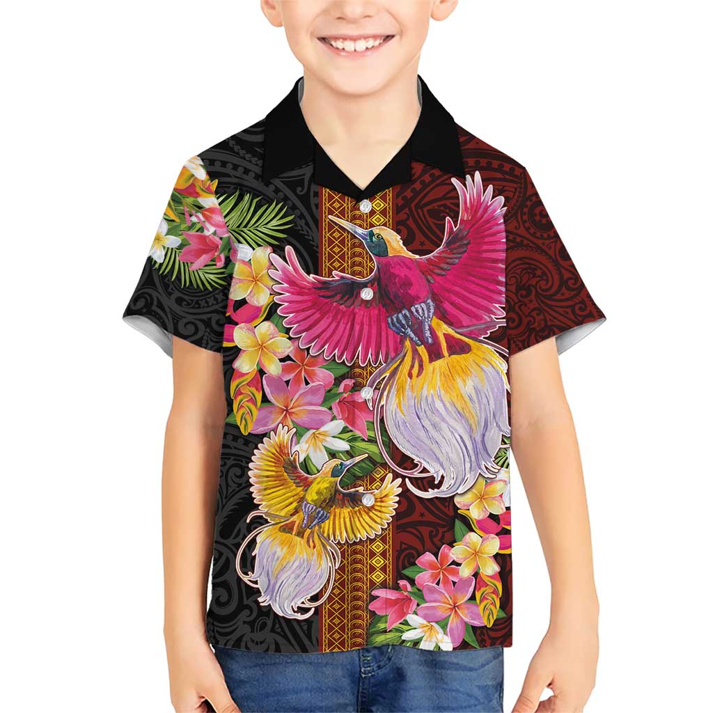 Papua New Guinea Birds and Frangipani Family Matching Short Sleeve Bodycon Dress and Hawaiian Shirt Melanesian Art Tattoos LT03 Son's Shirt Black - Polynesian Pride
