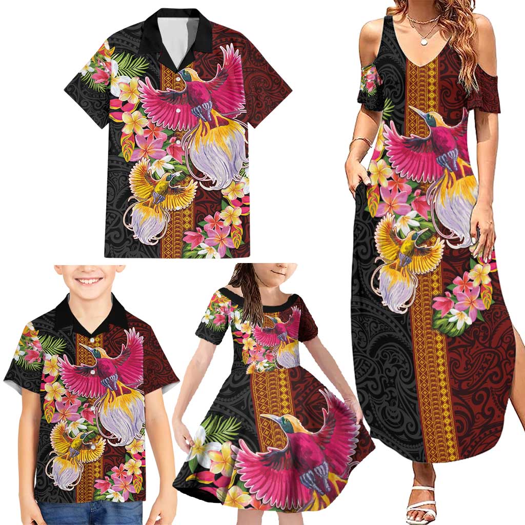 Papua New Guinea Birds and Frangipani Family Matching Summer Maxi Dress and Hawaiian Shirt Melanesian Art Tattoos LT03 - Polynesian Pride
