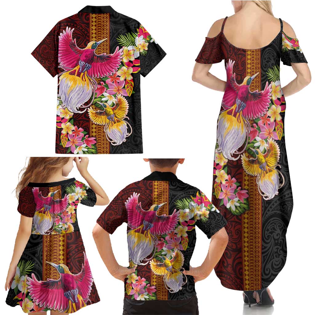 Papua New Guinea Birds and Frangipani Family Matching Summer Maxi Dress and Hawaiian Shirt Melanesian Art Tattoos LT03 - Polynesian Pride