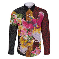 Papua New Guinea Birds and Frangipani Family Matching Tank Maxi Dress and Hawaiian Shirt Melanesian Art Tattoos LT03 Dad's Shirt - Long Sleeve Black - Polynesian Pride