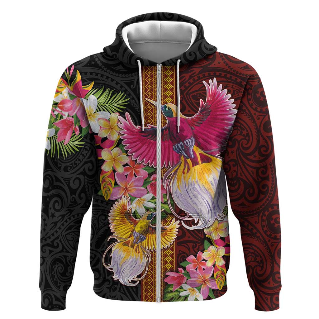 Papua New Guinea Birds and Frangipani Hoodie Melanesian Art Tattoos LT03 Zip Hoodie Black - Polynesian Pride