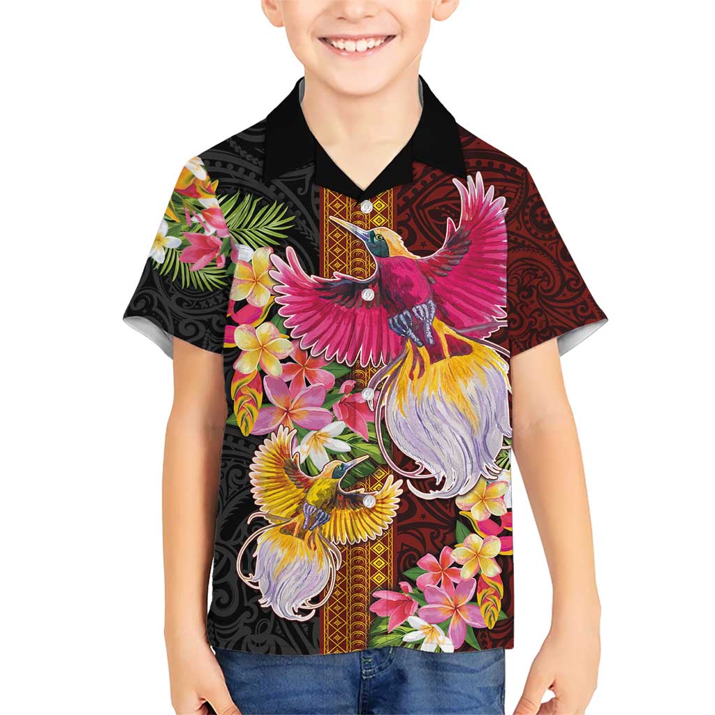 Papua New Guinea Birds and Frangipani Kid Hawaiian Shirt Melanesian Art Tattoos LT03 Kid Black - Polynesian Pride
