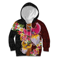 Papua New Guinea Birds and Frangipani Kid Hoodie Melanesian Art Tattoos LT03 Hoodie Black - Polynesian Pride
