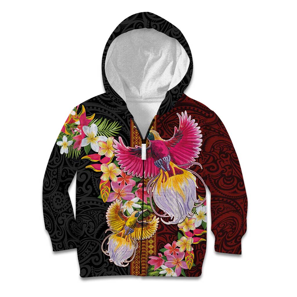 Papua New Guinea Birds and Frangipani Kid Hoodie Melanesian Art Tattoos LT03 Zip Hoodie Black - Polynesian Pride