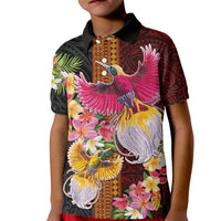 Papua New Guinea Birds and Frangipani Kid Polo Shirt Melanesian Art Tattoos LT03 Kid Black - Polynesian Pride