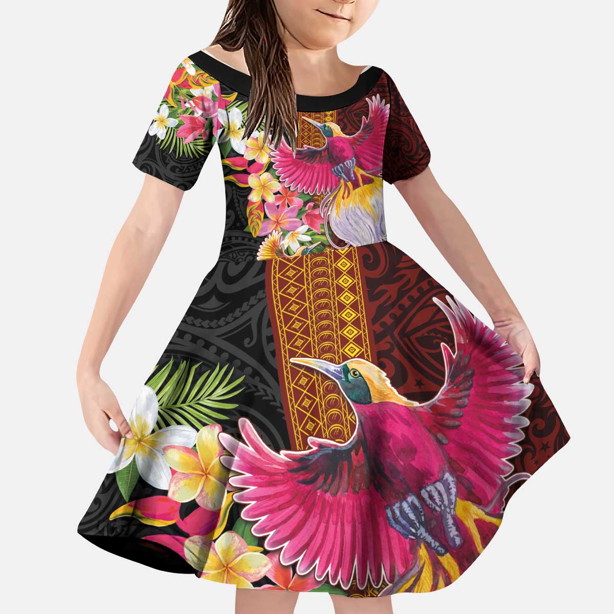 Papua New Guinea Birds and Frangipani Kid Short Sleeve Dress Melanesian Art Tattoos LT03 KID Black - Polynesian Pride
