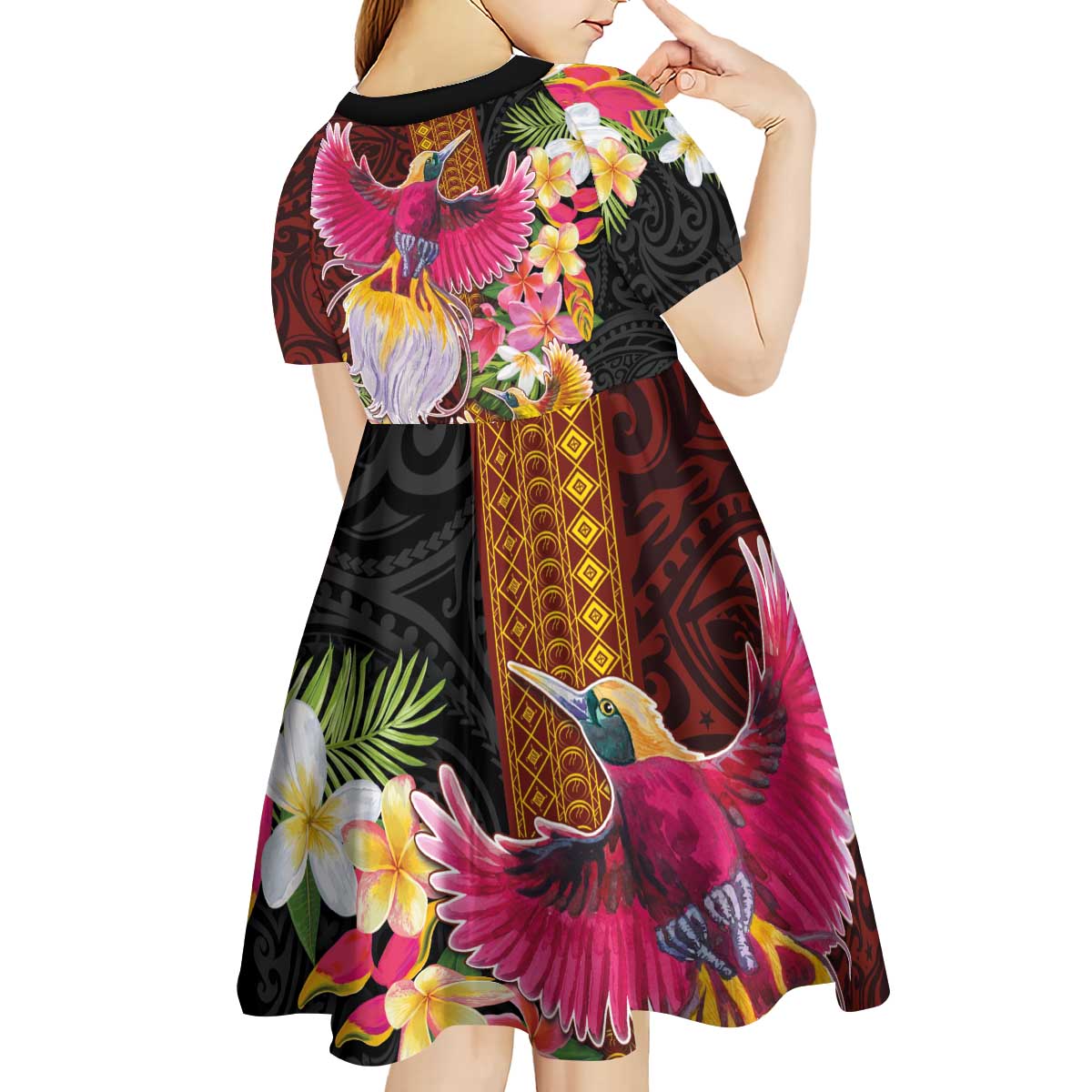 Papua New Guinea Birds and Frangipani Kid Short Sleeve Dress Melanesian Art Tattoos LT03 - Polynesian Pride