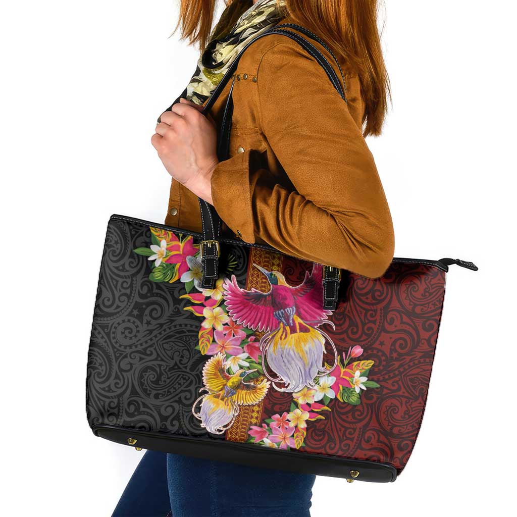 Papua New Guinea Birds and Frangipani Leather Tote Bag Melanesian Art Tattoos LT03 Black - Polynesian Pride