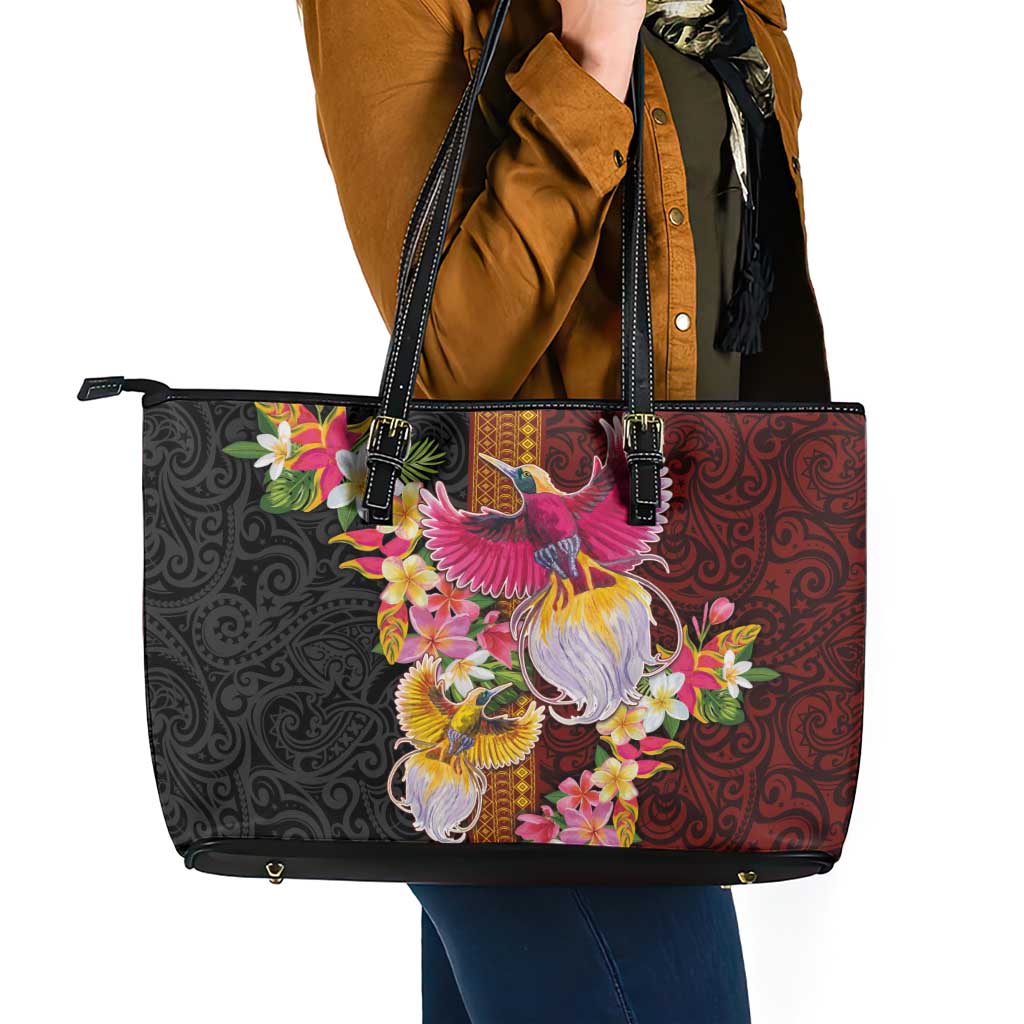Papua New Guinea Birds and Frangipani Leather Tote Bag Melanesian Art Tattoos LT03 - Polynesian Pride