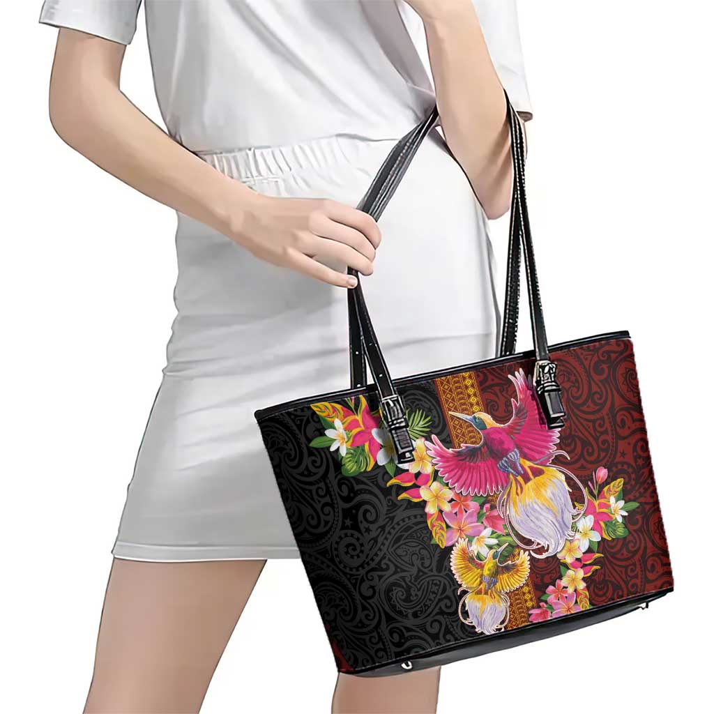 Papua New Guinea Birds and Frangipani Leather Tote Bag Melanesian Art Tattoos LT03 - Polynesian Pride