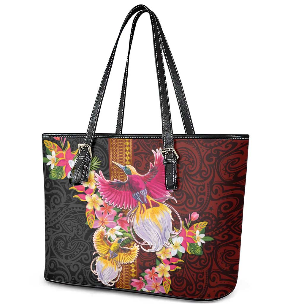 Papua New Guinea Birds and Frangipani Leather Tote Bag Melanesian Art Tattoos LT03 - Polynesian Pride