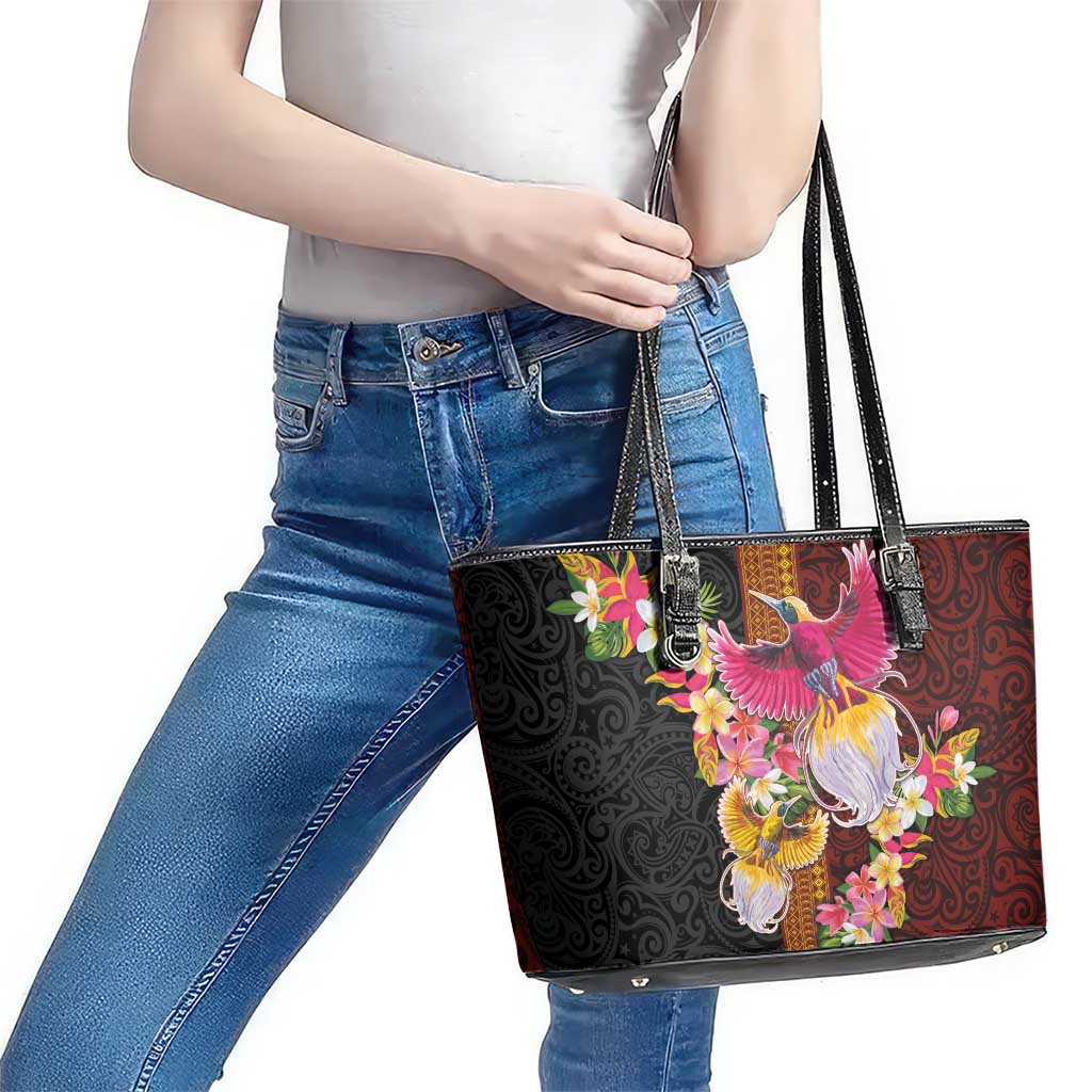 Papua New Guinea Birds and Frangipani Leather Tote Bag Melanesian Art Tattoos LT03 - Polynesian Pride