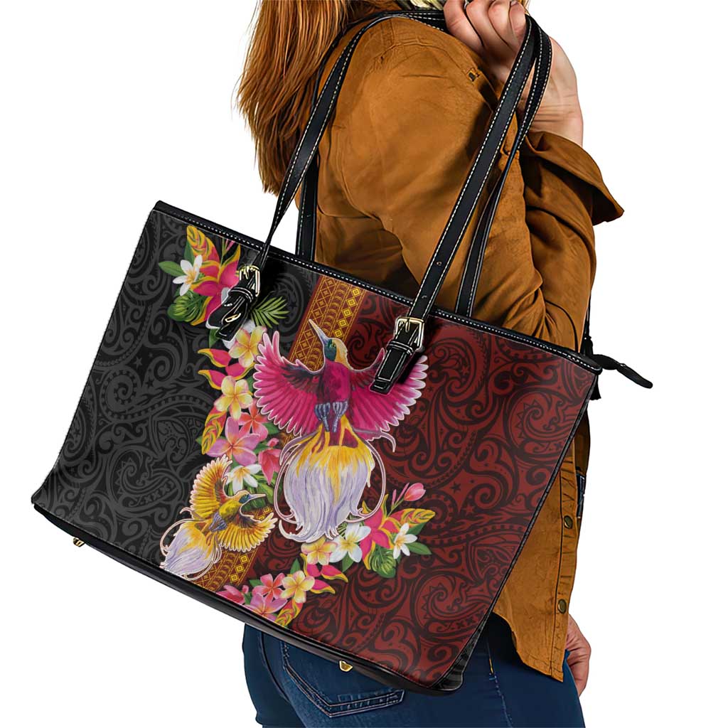Papua New Guinea Birds and Frangipani Leather Tote Bag Melanesian Art Tattoos LT03 - Polynesian Pride