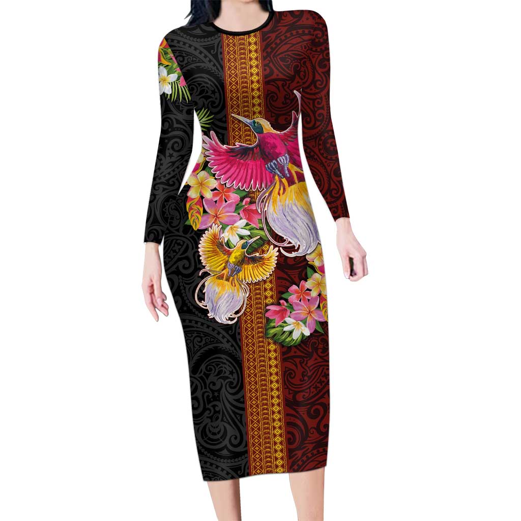 Papua New Guinea Birds and Frangipani Long Sleeve Bodycon Dress Melanesian Art Tattoos LT03 Long Dress Black - Polynesian Pride