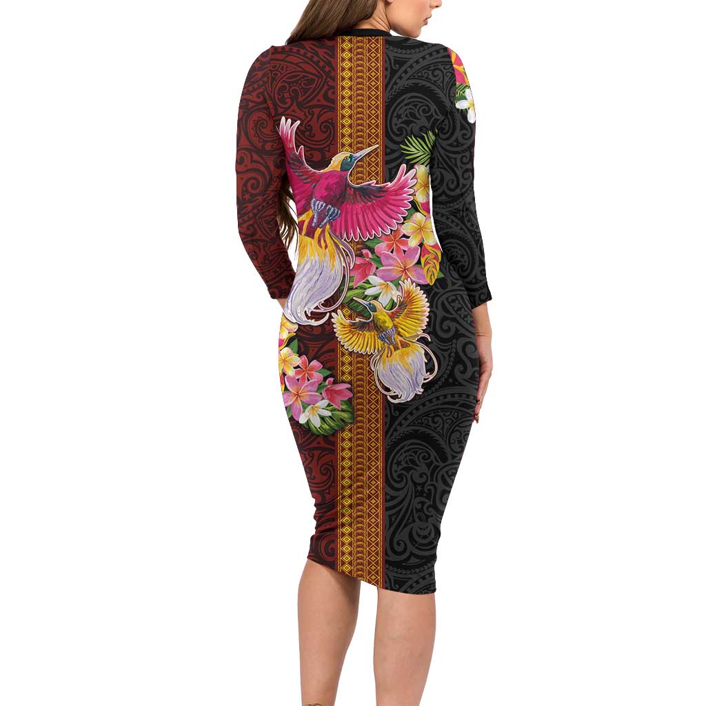 Papua New Guinea Birds and Frangipani Long Sleeve Bodycon Dress Melanesian Art Tattoos LT03 - Polynesian Pride