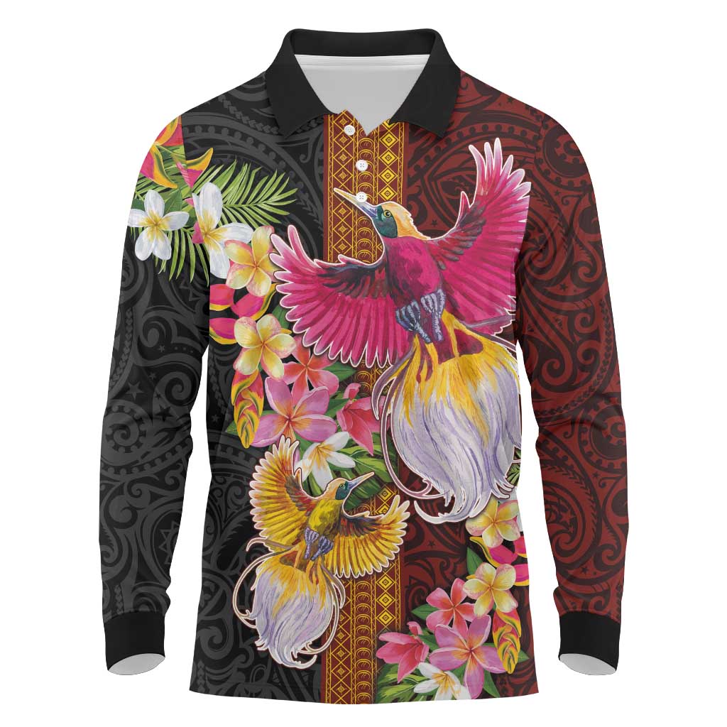Papua New Guinea Birds and Frangipani Long Sleeve Polo Shirt Melanesian Art Tattoos LT03 Black - Polynesian Pride