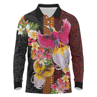 Papua New Guinea Birds and Frangipani Long Sleeve Polo Shirt Melanesian Art Tattoos LT03 Black - Polynesian Pride