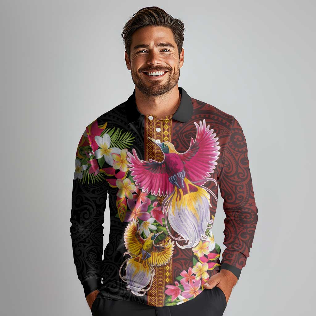 Papua New Guinea Birds and Frangipani Long Sleeve Polo Shirt Melanesian Art Tattoos LT03 - Polynesian Pride