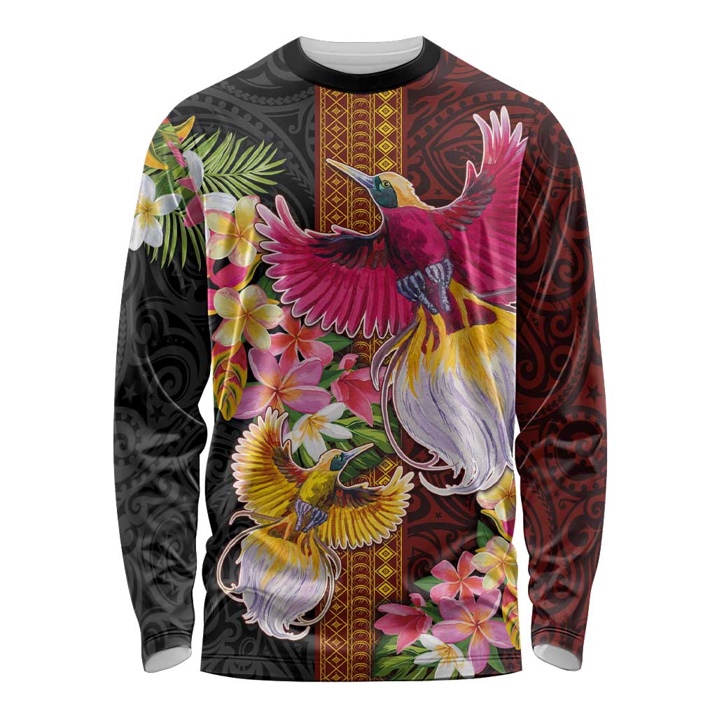 Papua New Guinea Birds and Frangipani Long Sleeve Shirt Melanesian Art Tattoos LT03 Unisex Black - Polynesian Pride