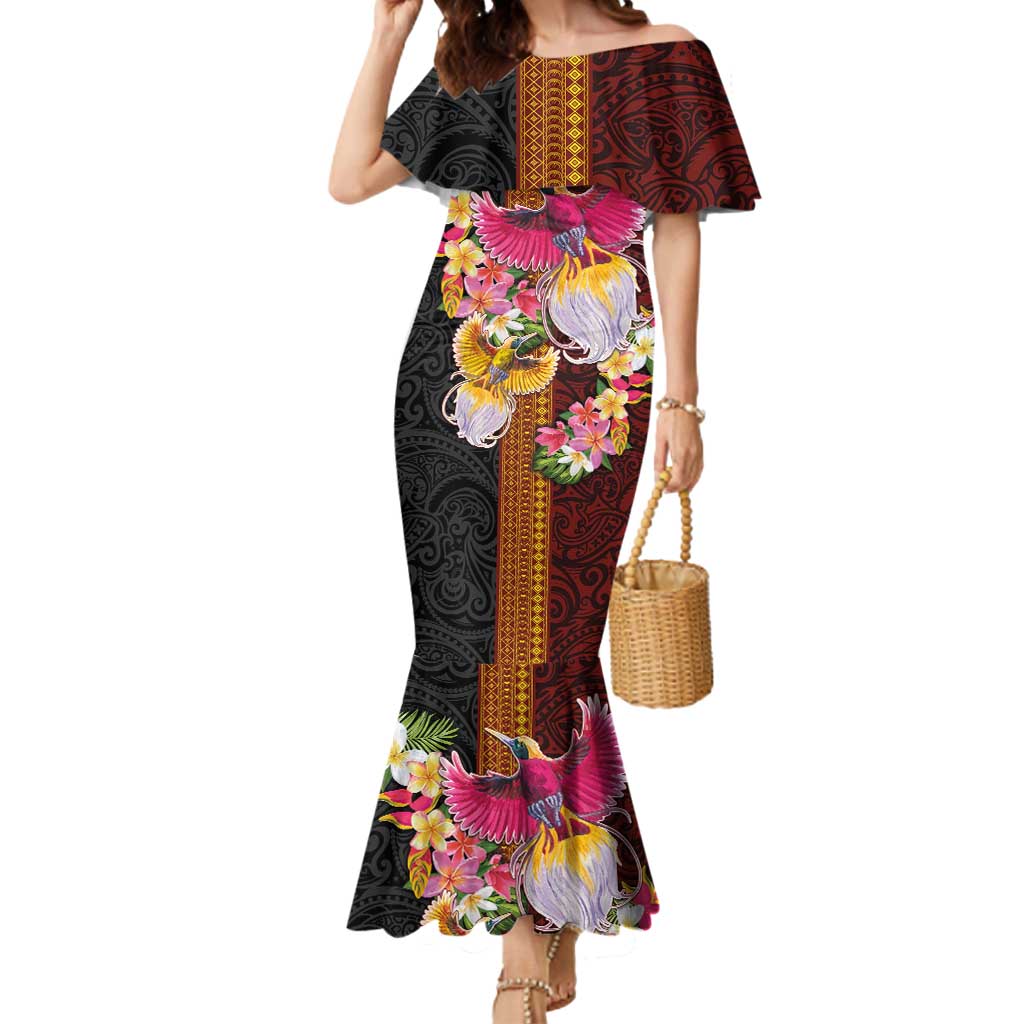 Papua New Guinea Birds and Frangipani Mermaid Dress Melanesian Art Tattoos LT03 Women Black - Polynesian Pride
