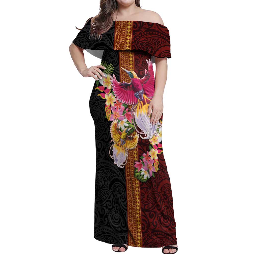 Papua New Guinea Birds and Frangipani Off Shoulder Maxi Dress Melanesian Art Tattoos LT03 Women Black - Polynesian Pride
