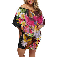 Papua New Guinea Birds and Frangipani Off Shoulder Short Dress Melanesian Art Tattoos LT03 Women Black - Polynesian Pride