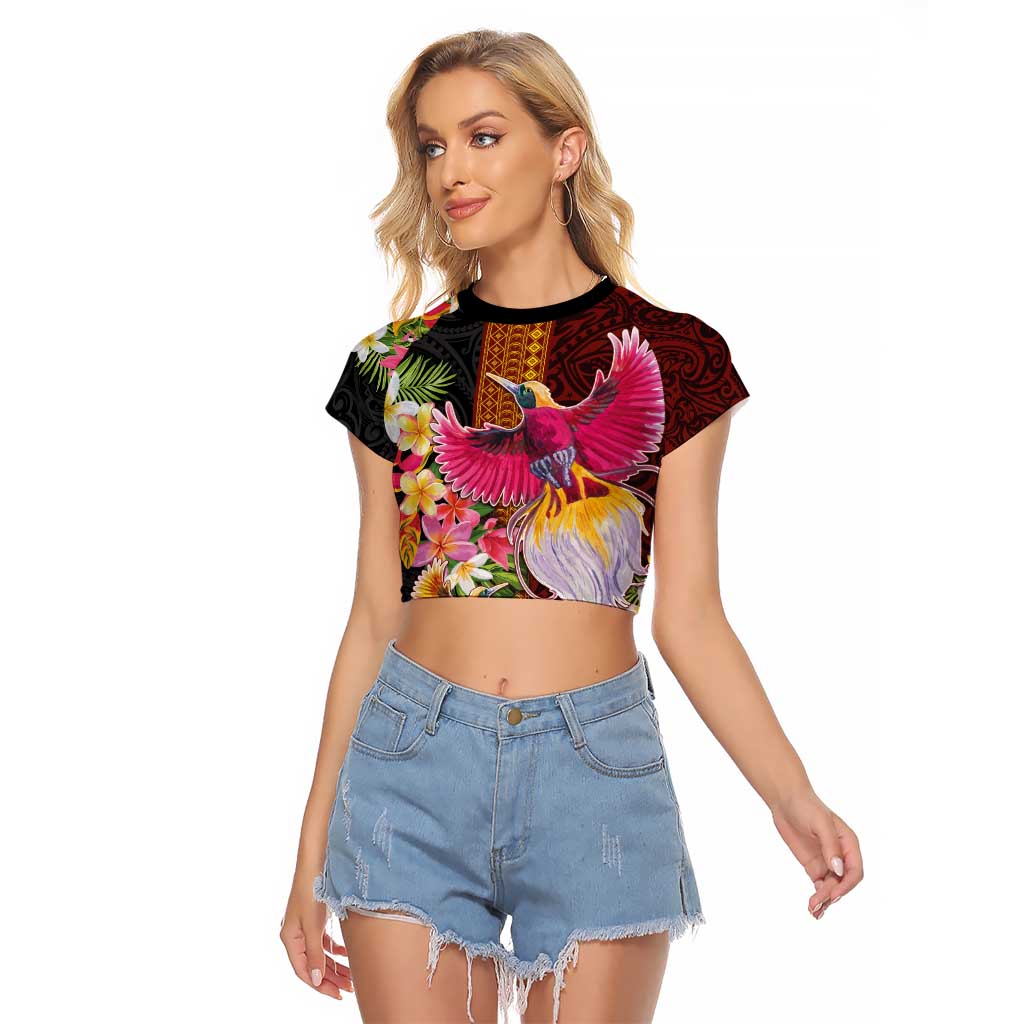 Papua New Guinea Birds and Frangipani Raglan Cropped T Shirt Melanesian Art Tattoos LT03 Female Black - Polynesian Pride