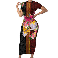 Papua New Guinea Birds and Frangipani Short Sleeve Bodycon Dress Melanesian Art Tattoos LT03 Long Dress Black - Polynesian Pride
