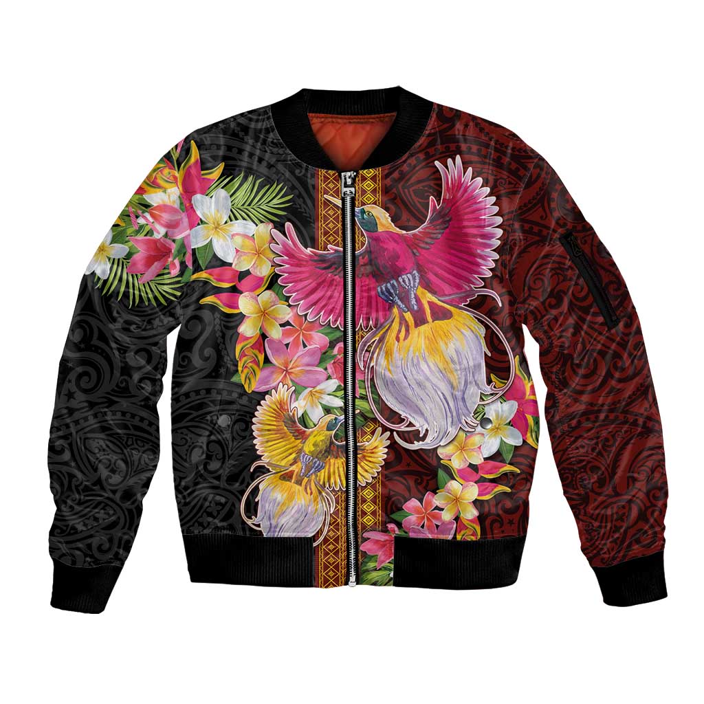 Papua New Guinea Birds and Frangipani Sleeve Zip Bomber Jacket Melanesian Art Tattoos LT03 Unisex Black - Polynesian Pride
