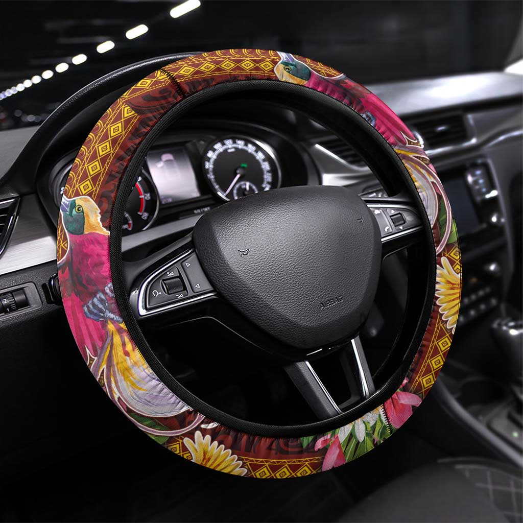Papua New Guinea Birds and Frangipani Steering Wheel Cover Melanesian Art Tattoos LT03 Universal Fit Black - Polynesian Pride