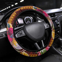 Papua New Guinea Birds and Frangipani Steering Wheel Cover Melanesian Art Tattoos LT03 Universal Fit Black - Polynesian Pride