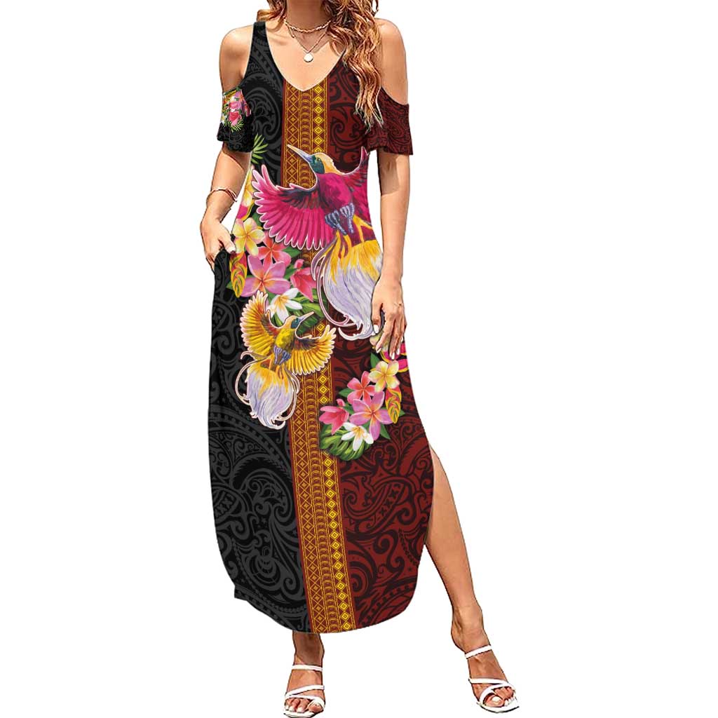 Papua New Guinea Birds and Frangipani Summer Maxi Dress Melanesian Art Tattoos LT03 Women Black - Polynesian Pride